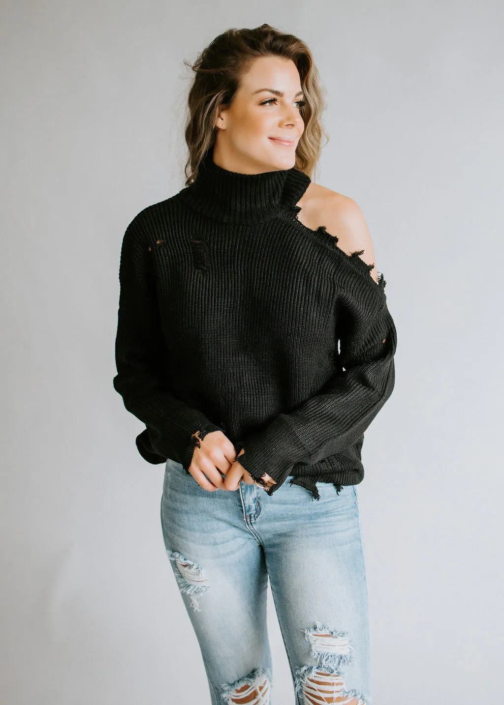 Harlee Cold Shoulder Sweater with Distressed Detail