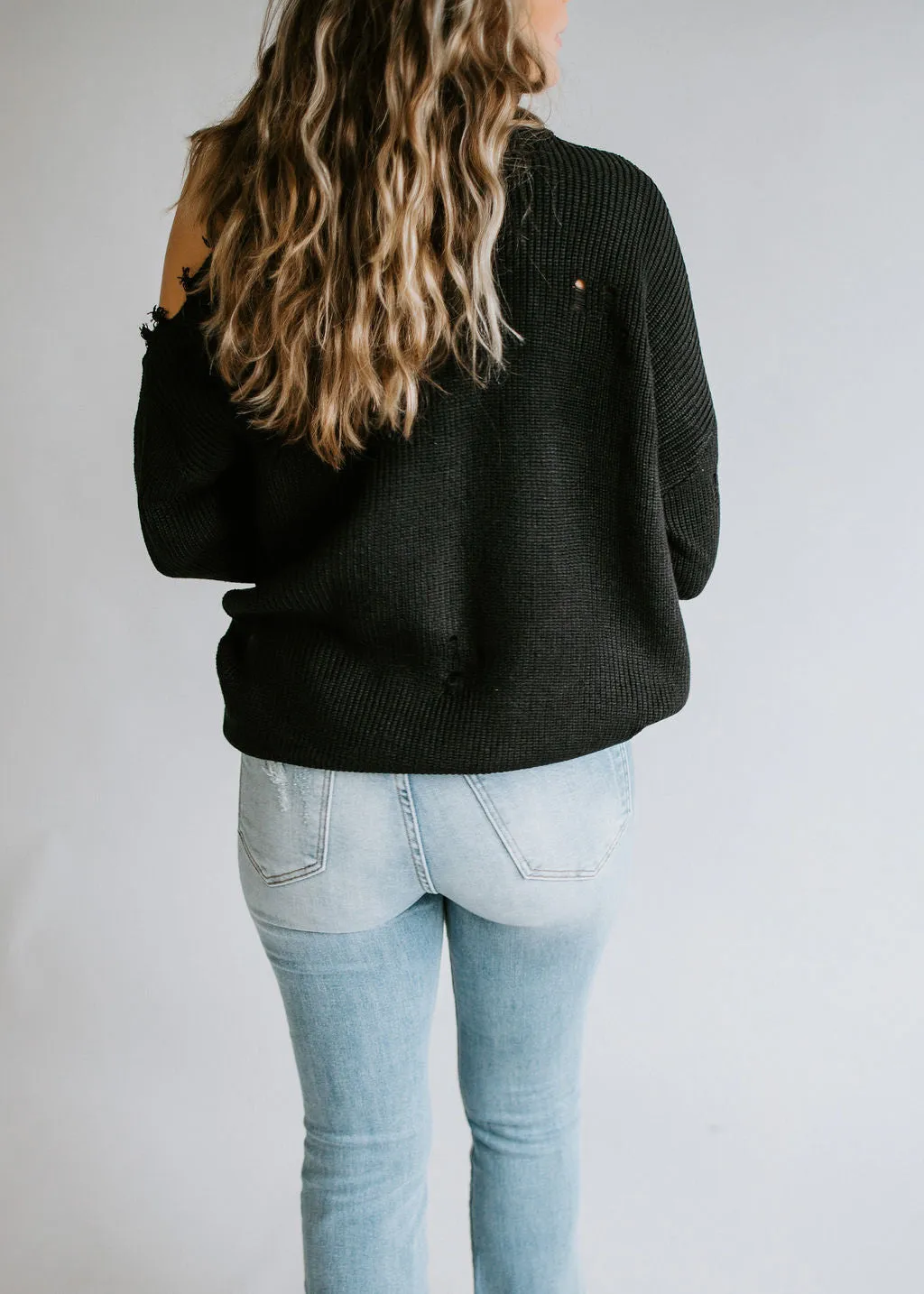 Harlee Cold Shoulder Sweater with Distressed Detail