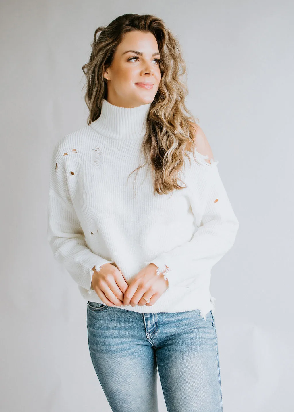 Harlee Cold Shoulder Sweater with Distressed Detail