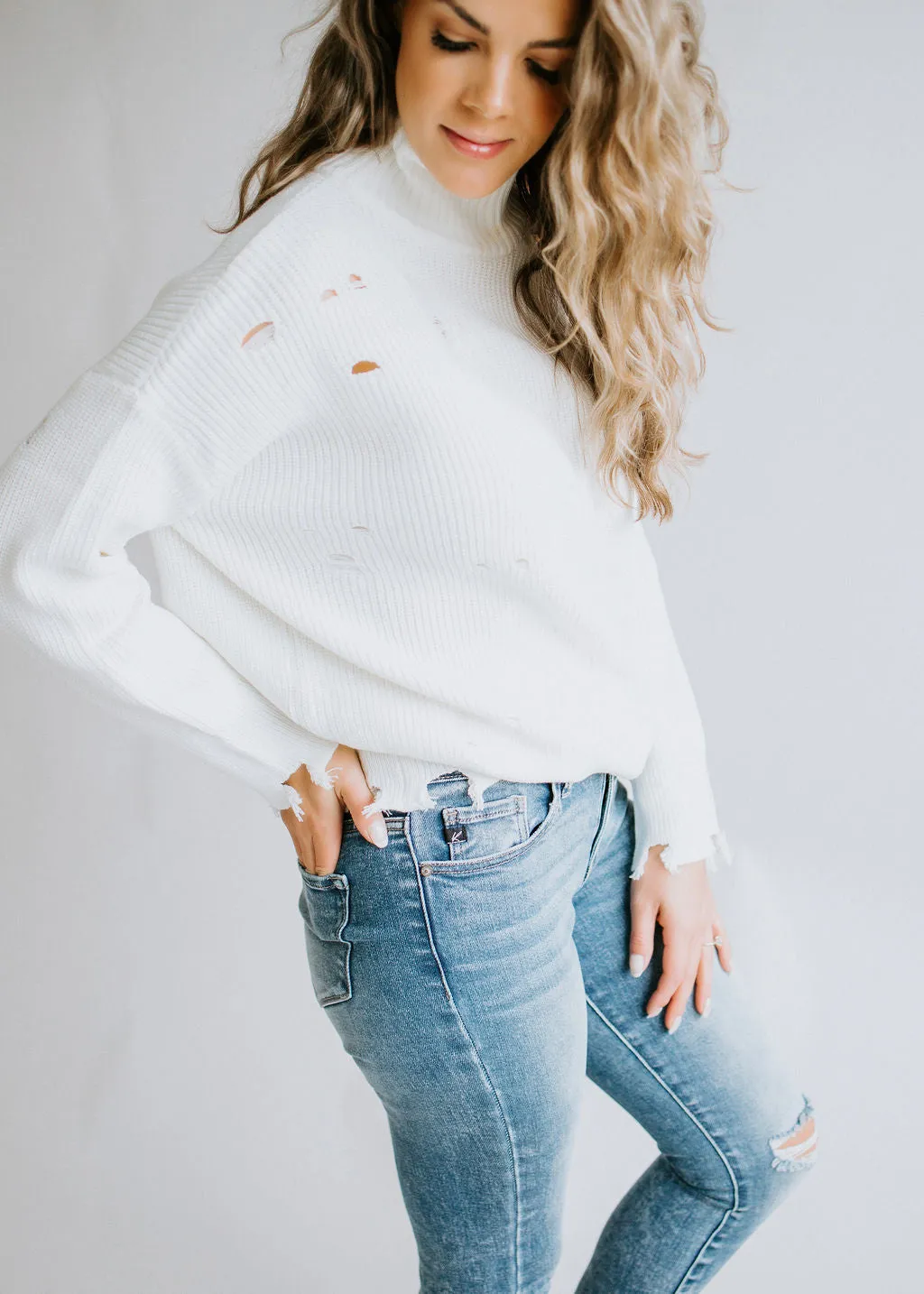 Harlee Cold Shoulder Sweater with Distressed Detail