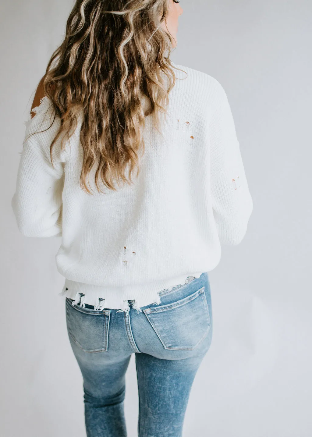 Harlee Cold Shoulder Sweater with Distressed Detail