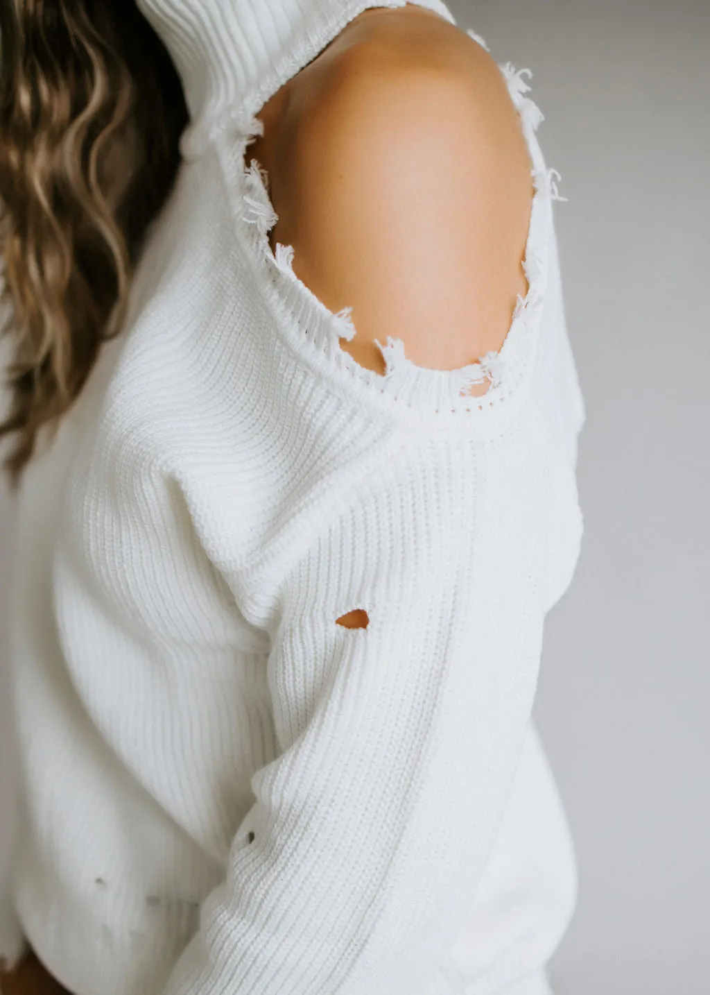 Harlee Cold Shoulder Sweater with Distressed Detail