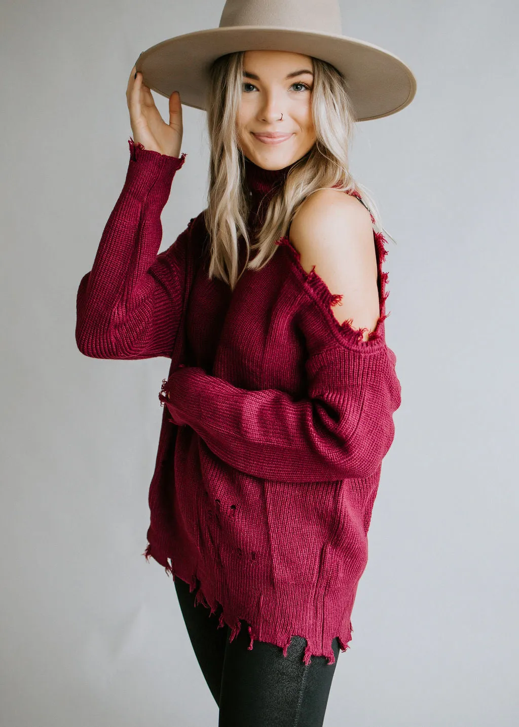 Harlee Cold Shoulder Sweater with Distressed Detail