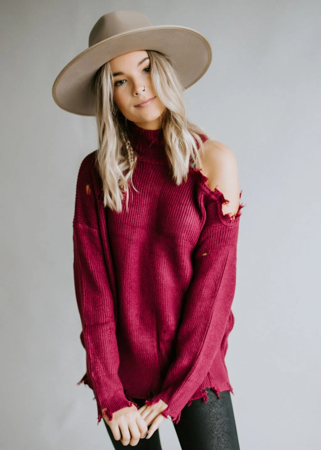 Harlee Cold Shoulder Sweater with Distressed Detail