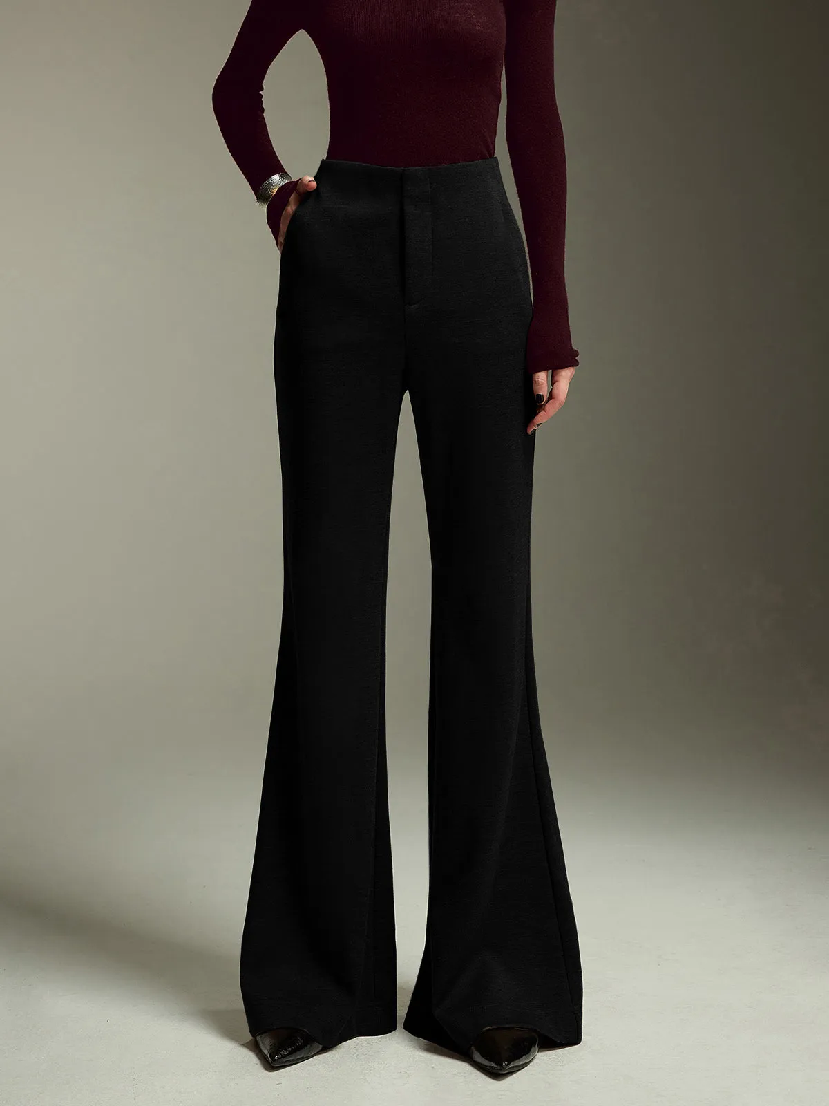 High-Waist Bootcut Pants in Jersey Material