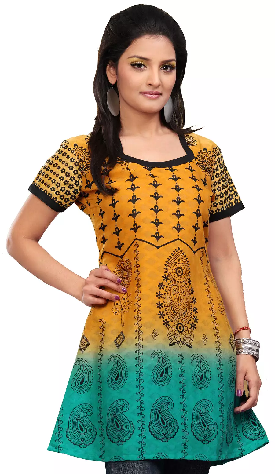 India Cotton Tunic Top Kurti Womens Printed Blouse Indian Apparel Orange