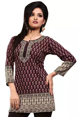 India Print Tunic Top Kurti - Brown - Womens Indian Apparel.