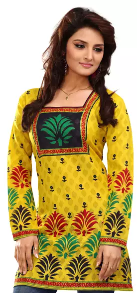 India Printed Cotton Blouse Yellow Kurti Women's Top Indian Apparel