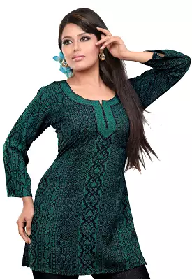 India Tunic Top Green Print Womens Kurti Blouse Indian Clothing