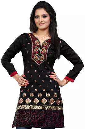 India Tunic Top Kurti - Women's Long Embroidered Black Blouse - Indian Clothing