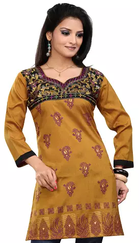 India Tunic Top Kurti Women's Long Embroidered Blouse Indian Apparel - Brown