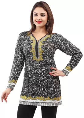 India Tunic Top Kurti Womens Printed Blouse Black Yellow XS