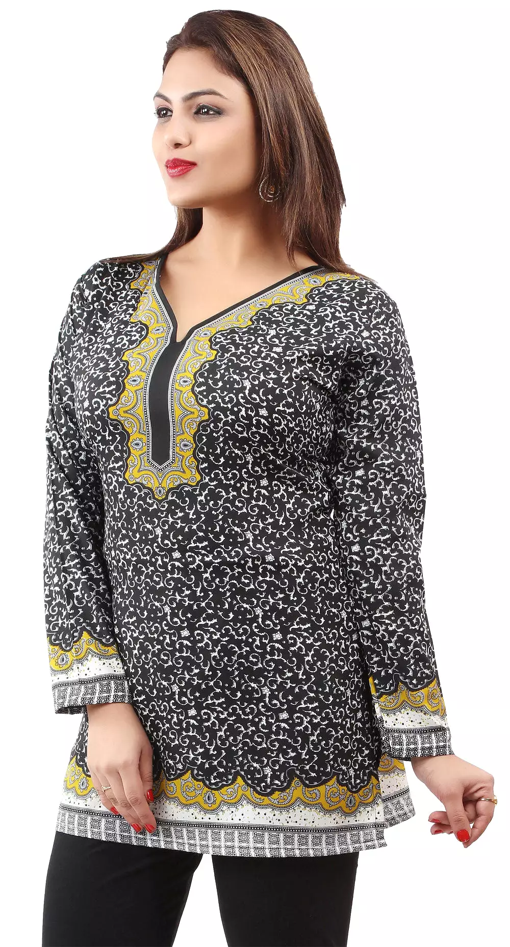 India Tunic Top Kurti Womens Printed Blouse Black Yellow XS