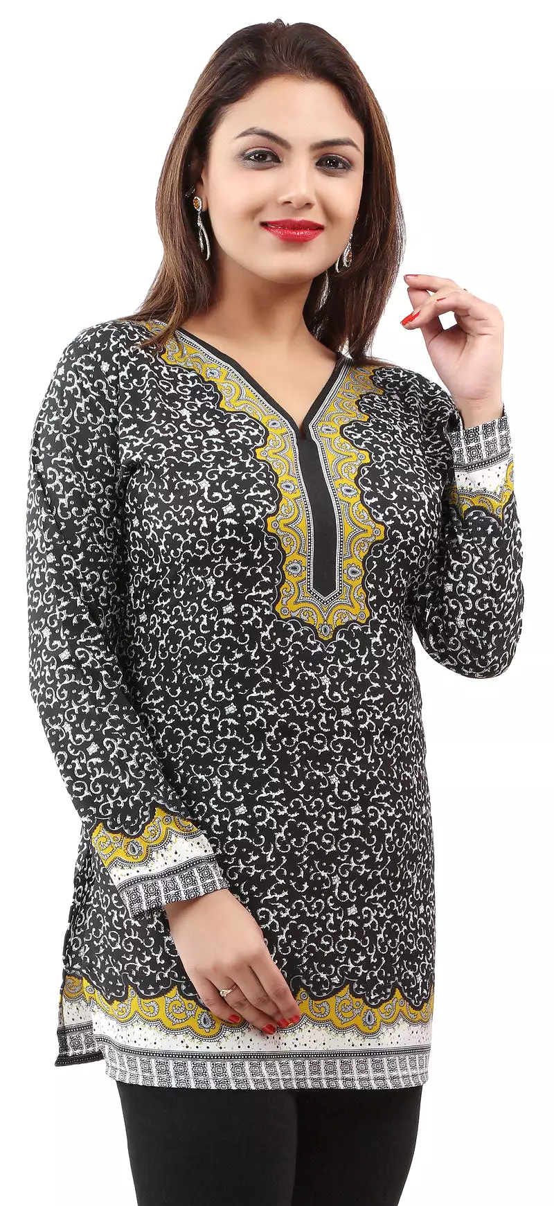 India Tunic Top Kurti Womens Printed Blouse Black Yellow XS