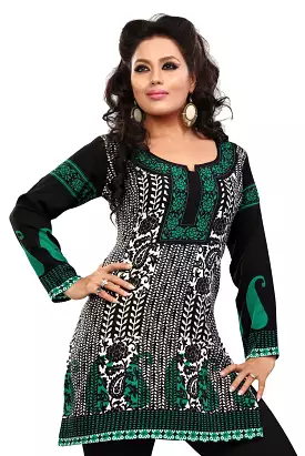 India Tunic Top Kurti Womens Printed Blouse - Black