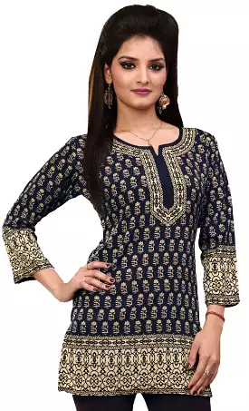 India Tunic Top Kurti Women's Printed Blouse Indian Apparel - Black | Shop Online