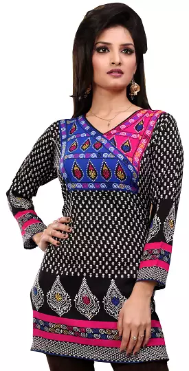 India Tunic Top Kurti Women's Printed Blouse Indian Apparel - Black