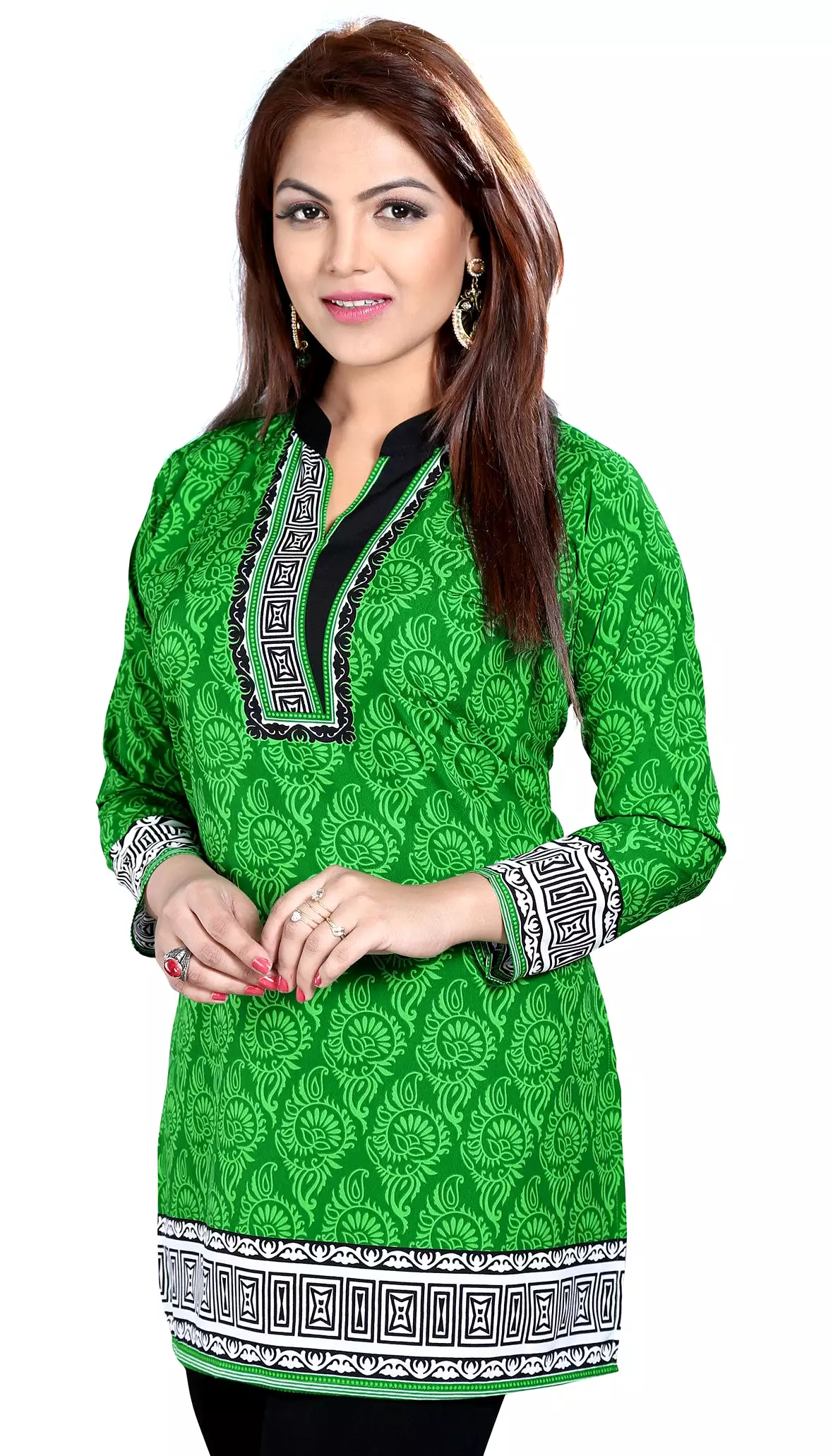 Indian Green Printed Womens Tunic Top Blouse Kurti