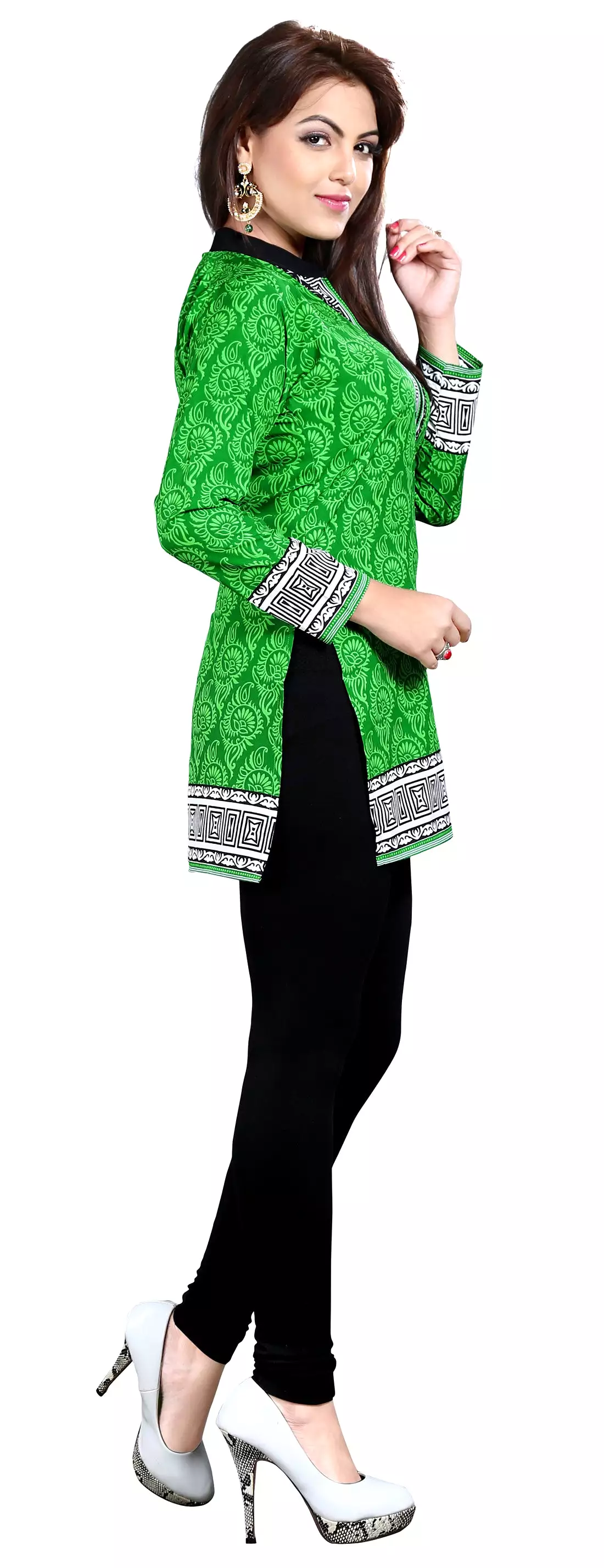 Indian Green Printed Womens Tunic Top Blouse Kurti