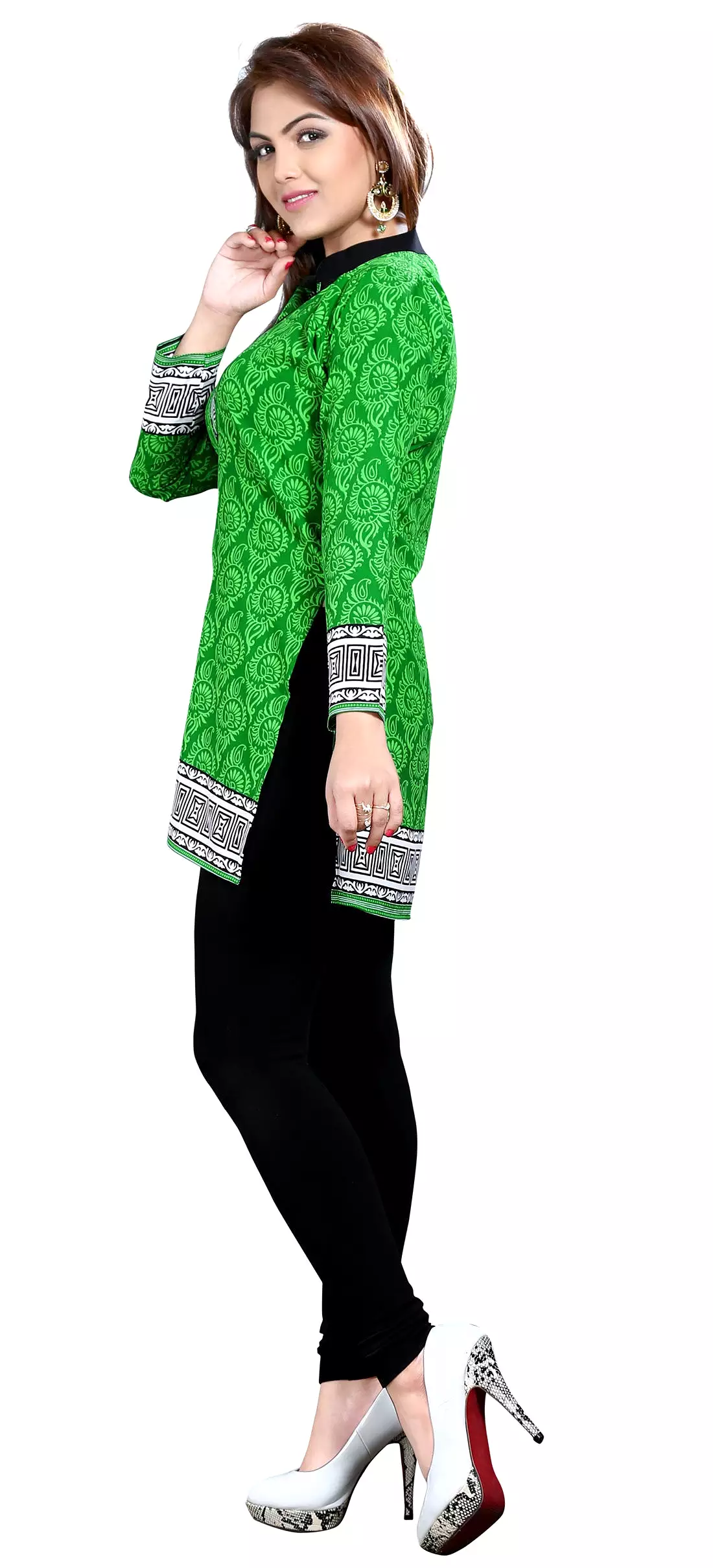 Indian Green Printed Womens Tunic Top Blouse Kurti