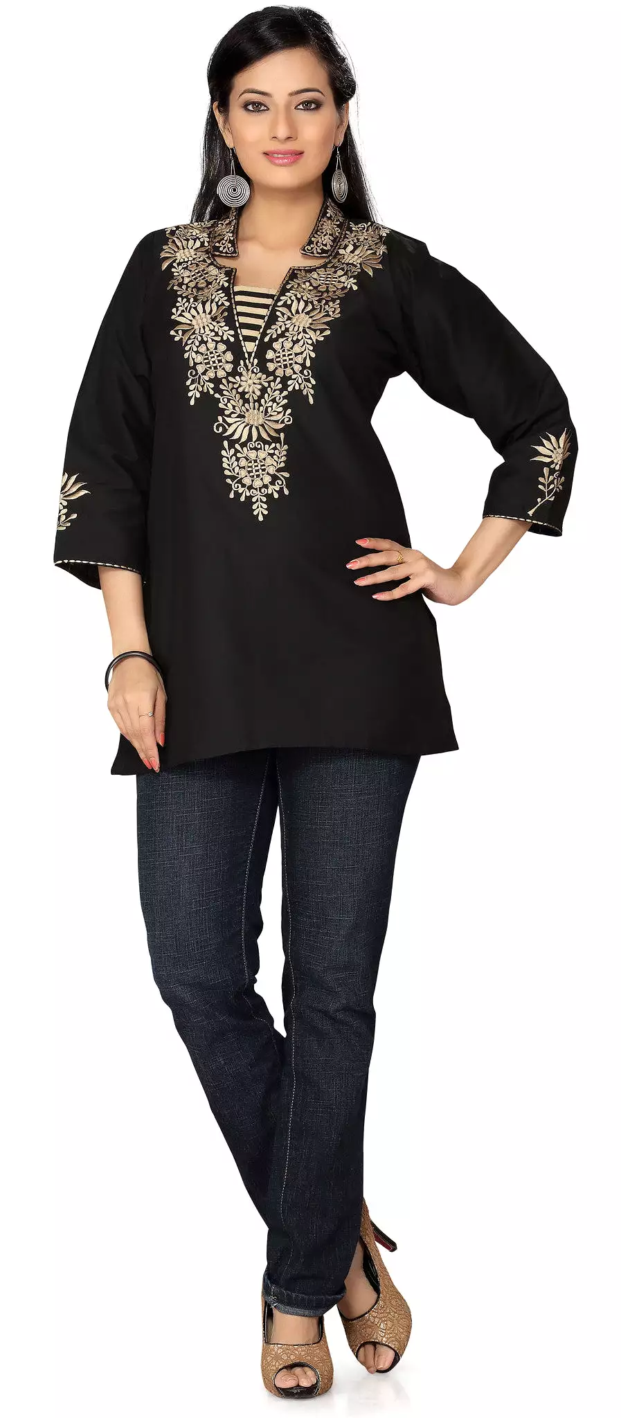 Indian Kurti Womens Embroidered Blouse Black