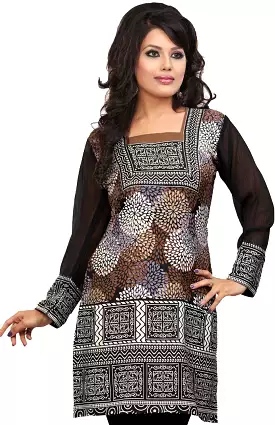 Indian Tunic Top Kurti Women's Printed Blouse - Brown