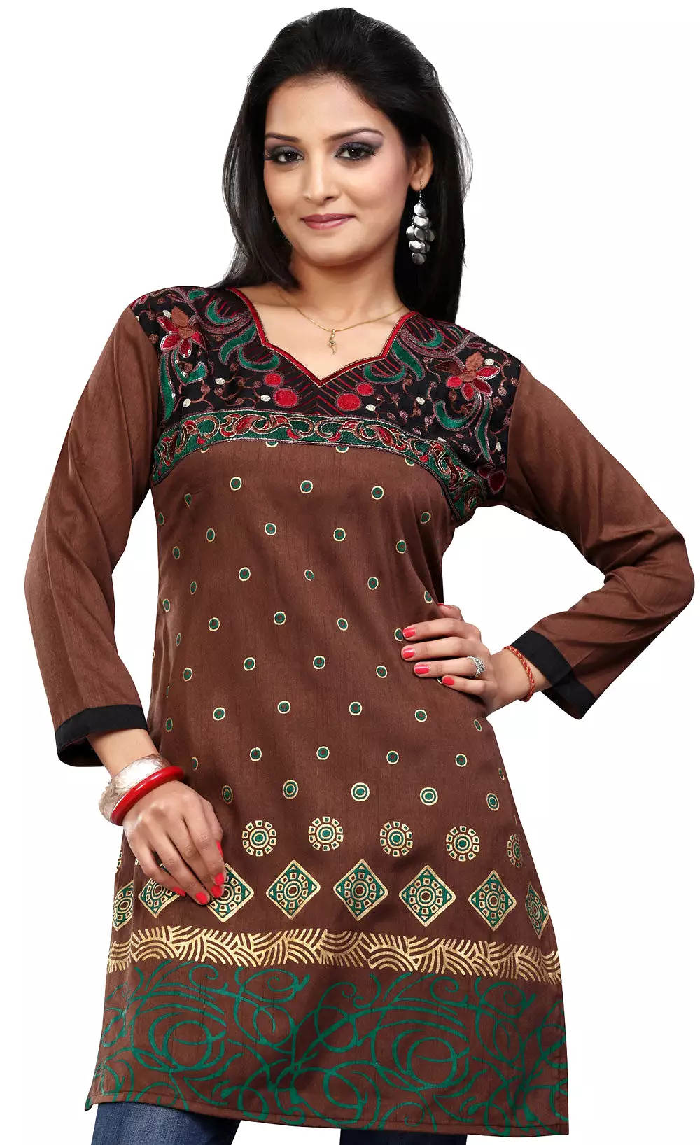 Indian Women's Brown Embroidered Tunic Top - Long Kurti Blouse