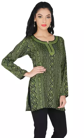 Indian Women's Green Kurti Tunic Top with Printed Blouse - Indian Apparel