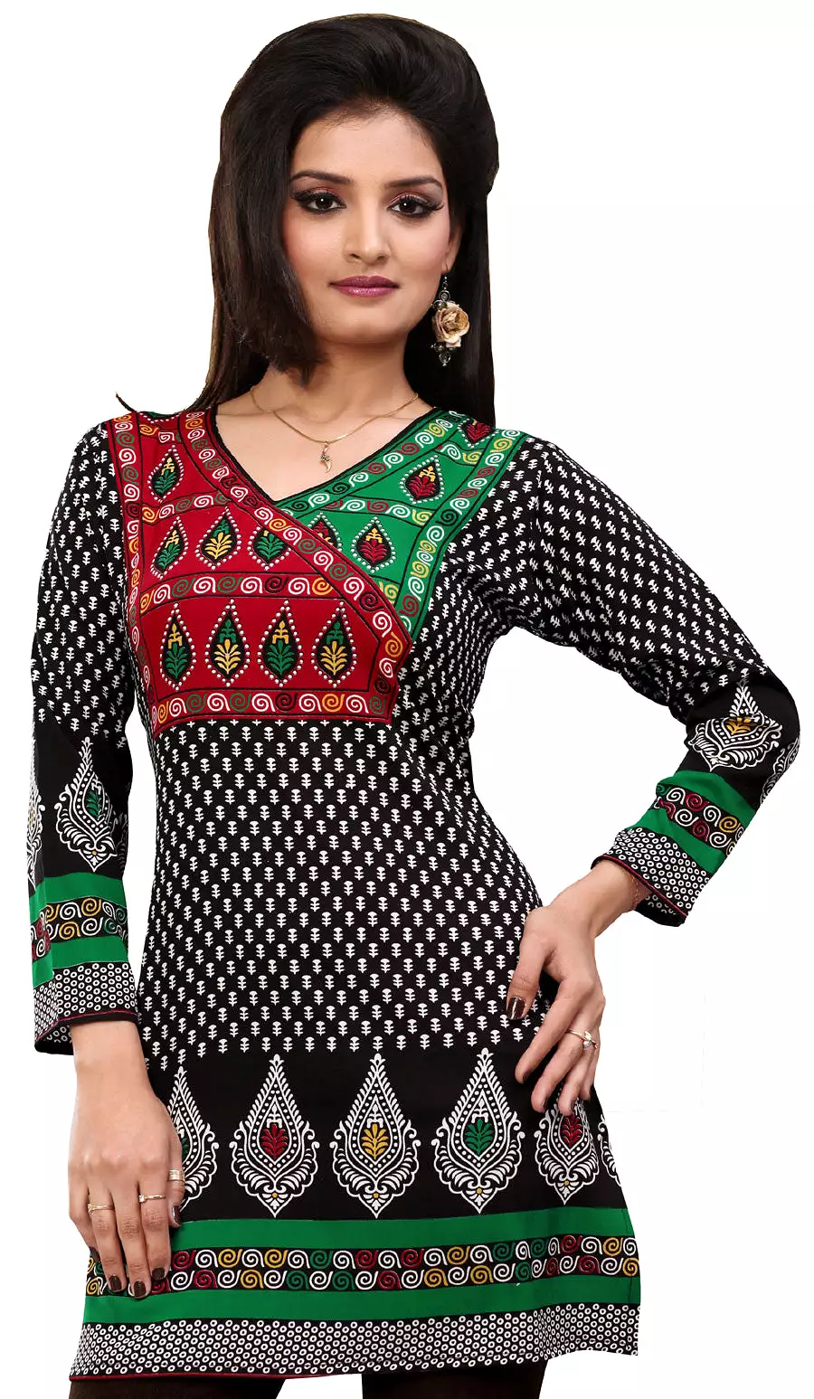 Indian Women's Printed Blouse: Black Tunic Top Kurti