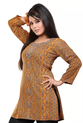 Indian Womens Printed Blouse Orange, India Tunic Top Kurti - Indian Apparel