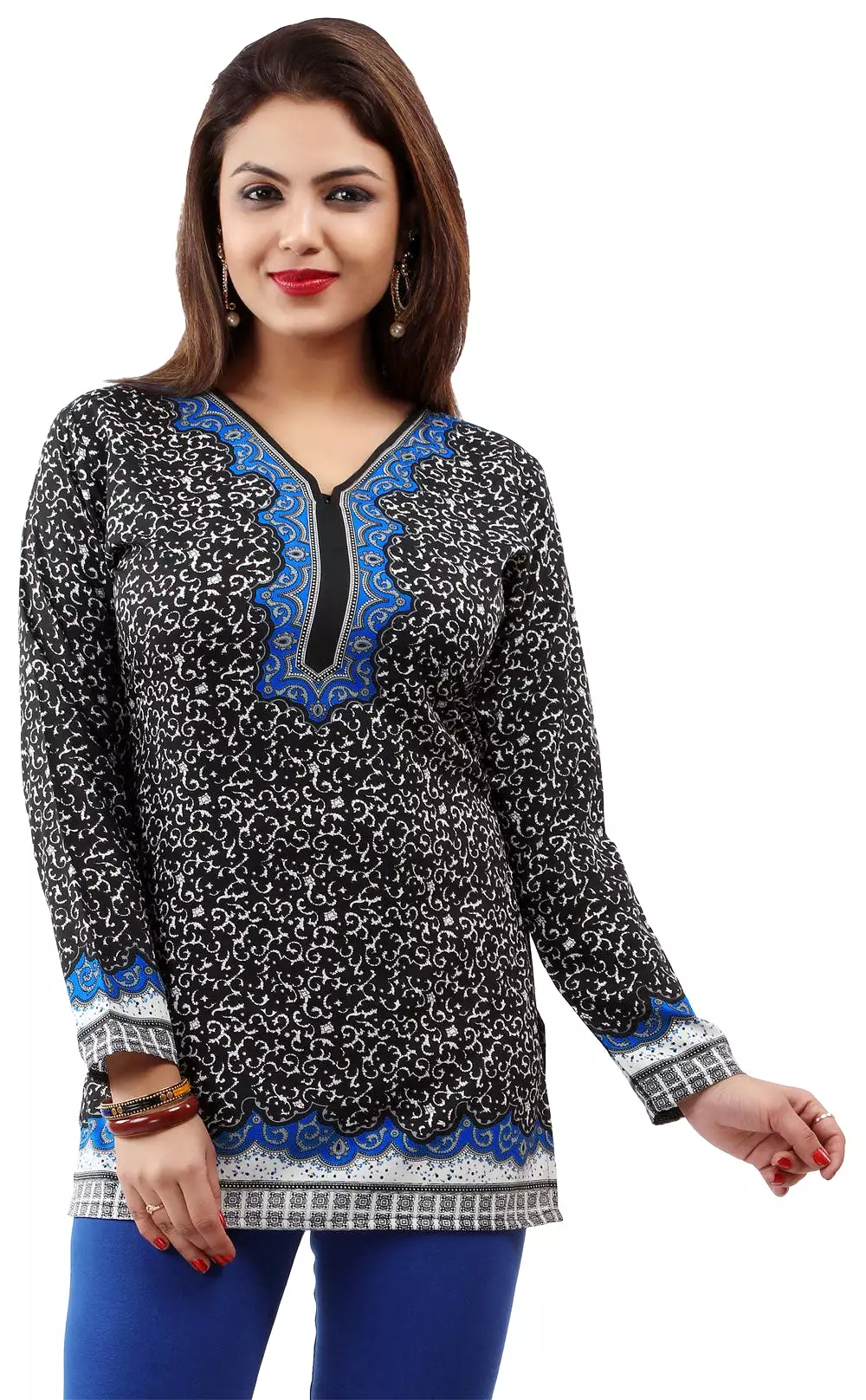 Indian Women's Printed Blouse - XS Size, Black/Blue