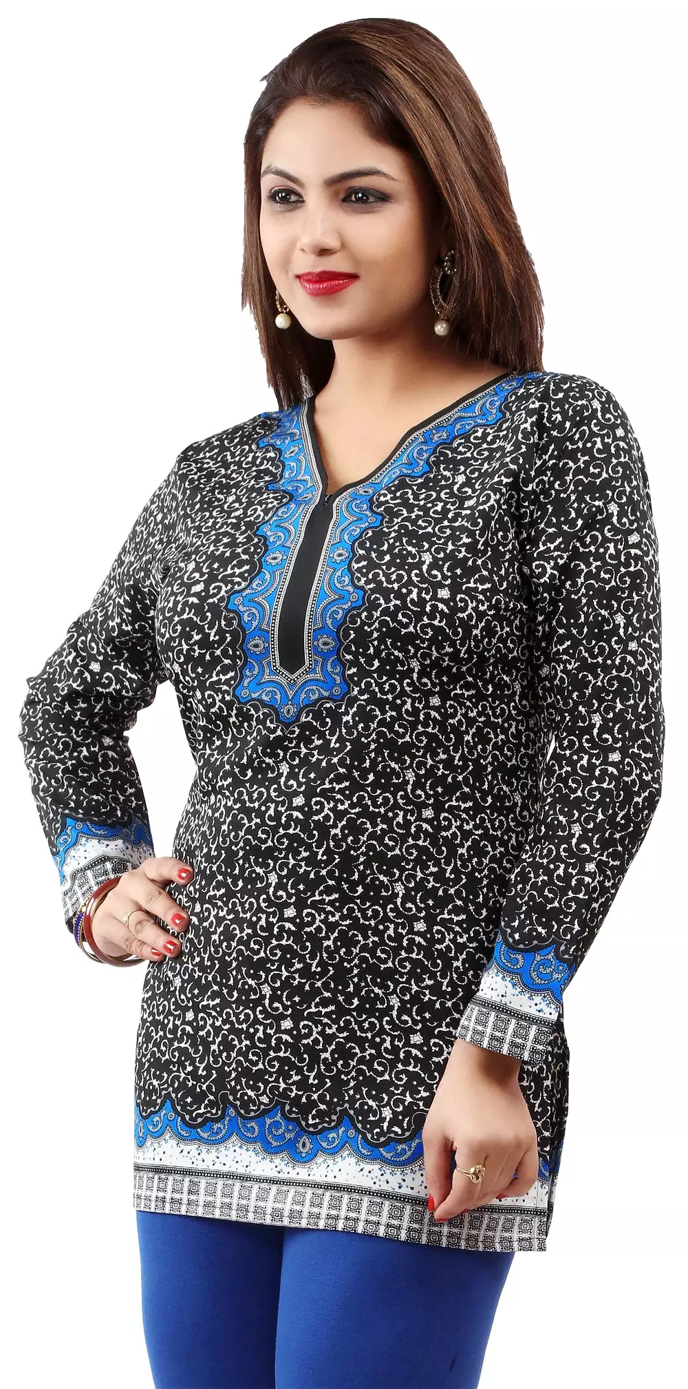 Indian Women's Printed Blouse - XS Size, Black/Blue