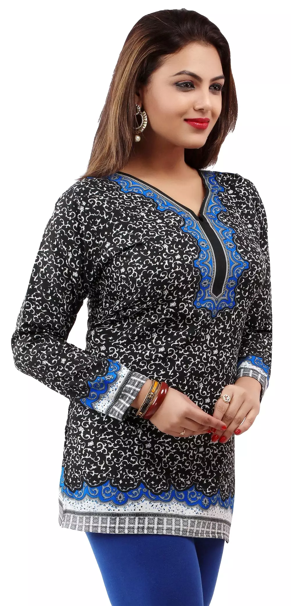 Indian Women's Printed Blouse - XS Size, Black/Blue