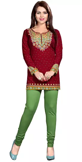 Indian Women's Printed Maroon Tunic Top Kurti Blouse