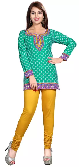 Kurti Green - Women's Printed Blouse - Short Tunic - Indian Clothing