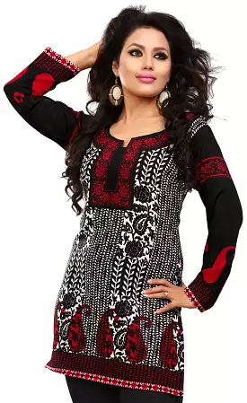 Kurti Top Long Tunic Women's Printed Blouse India Clothing - Black