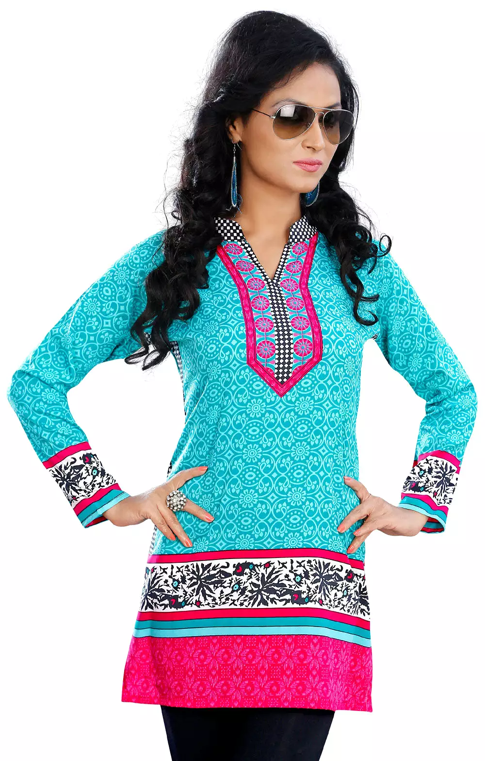 Kurti Top Long Tunic Womens Printed Blouse Turquoise