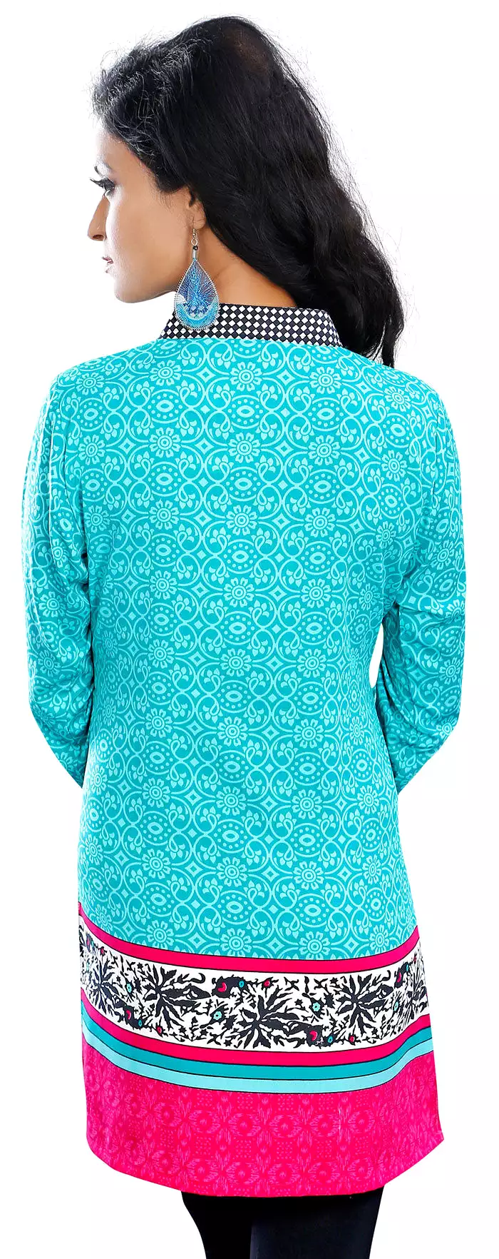 Kurti Top Long Tunic Womens Printed Blouse Turquoise