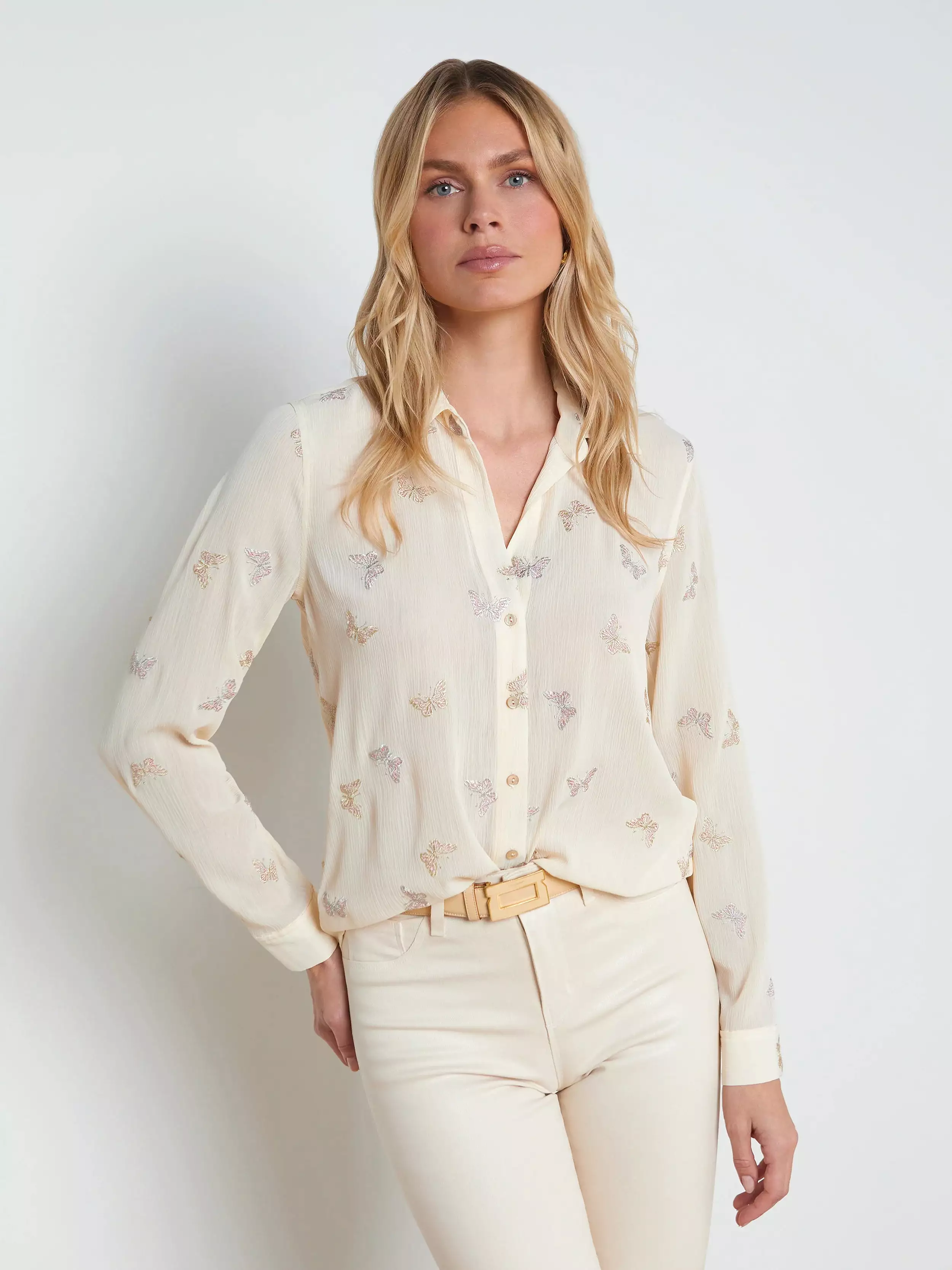 Laurent Embroidered Blouse with Small Butterfly Embroidery in Ecru Multi by L'agence