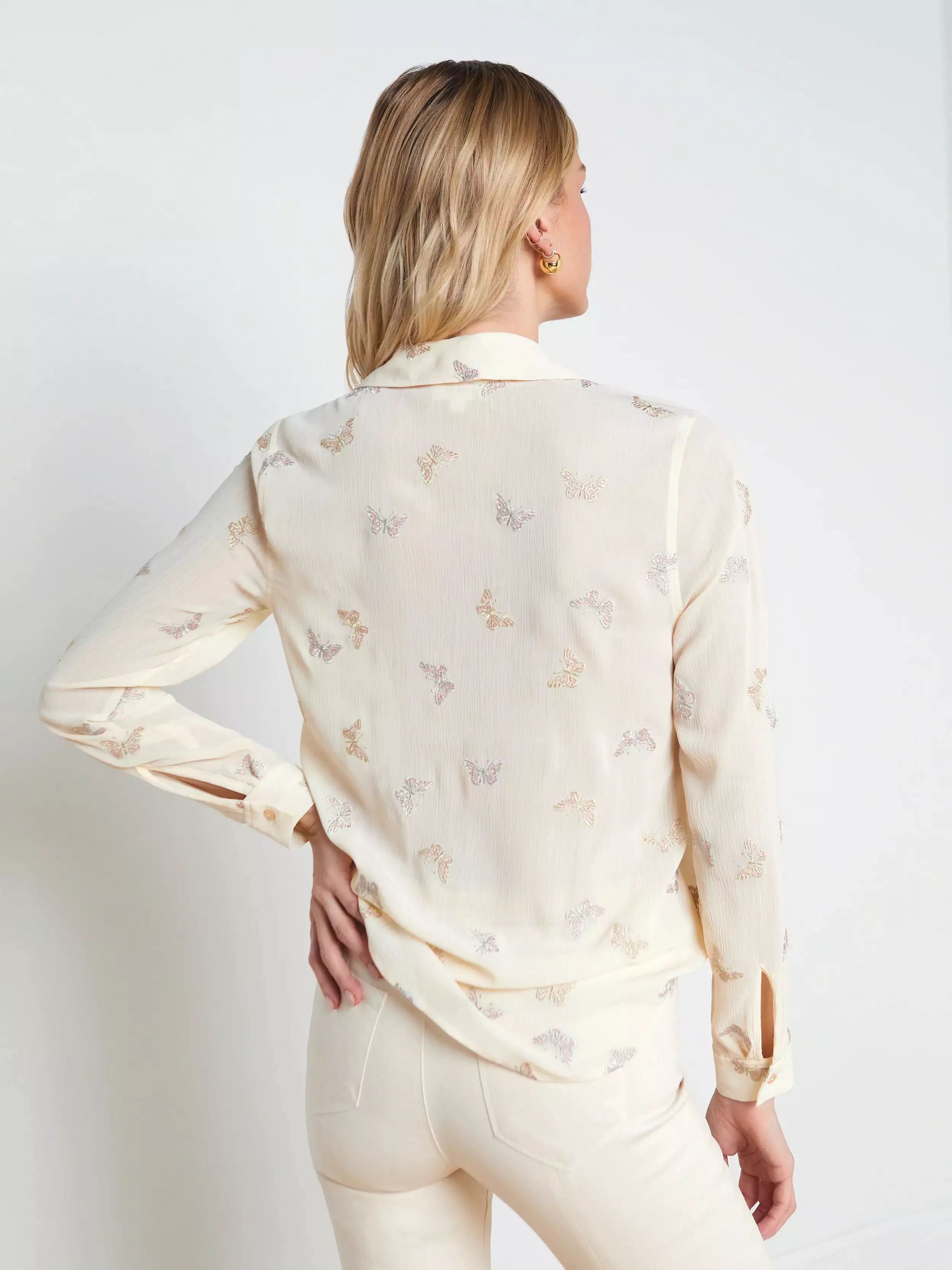 Laurent Embroidered Blouse with Small Butterfly Embroidery in Ecru Multi by L'agence