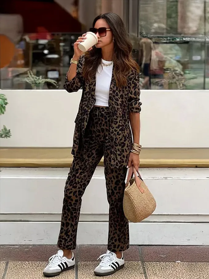 Leopard Women's Suits Notched Lapel Blazer Slim Fit Pants Two Piece Set 2025