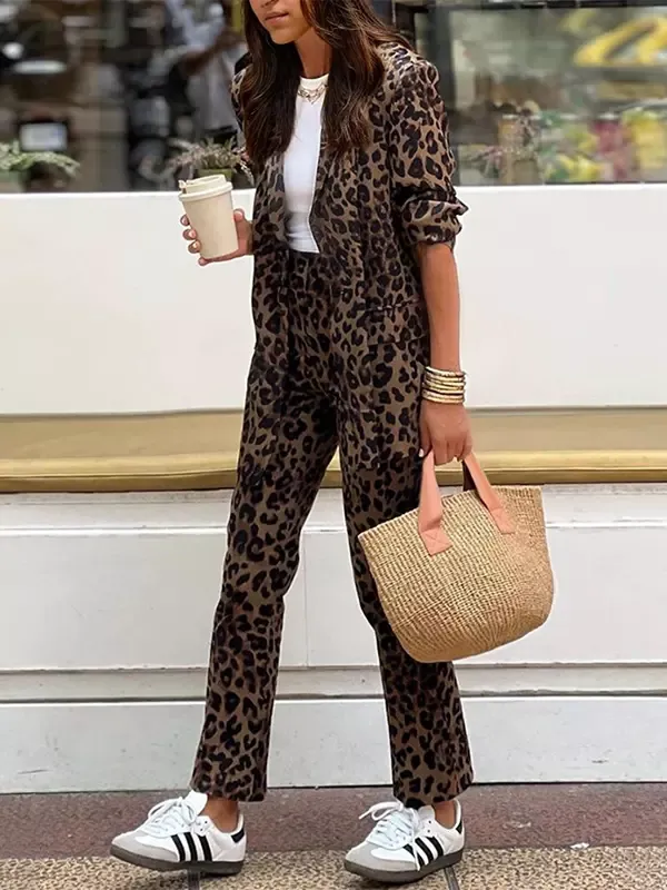 Leopard Women's Suits Notched Lapel Blazer Slim Fit Pants Two Piece Set 2025