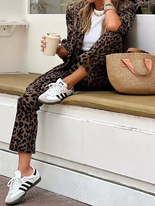 Leopard Women's Suits Notched Lapel Blazer Slim Fit Pants Two Piece Set 2025