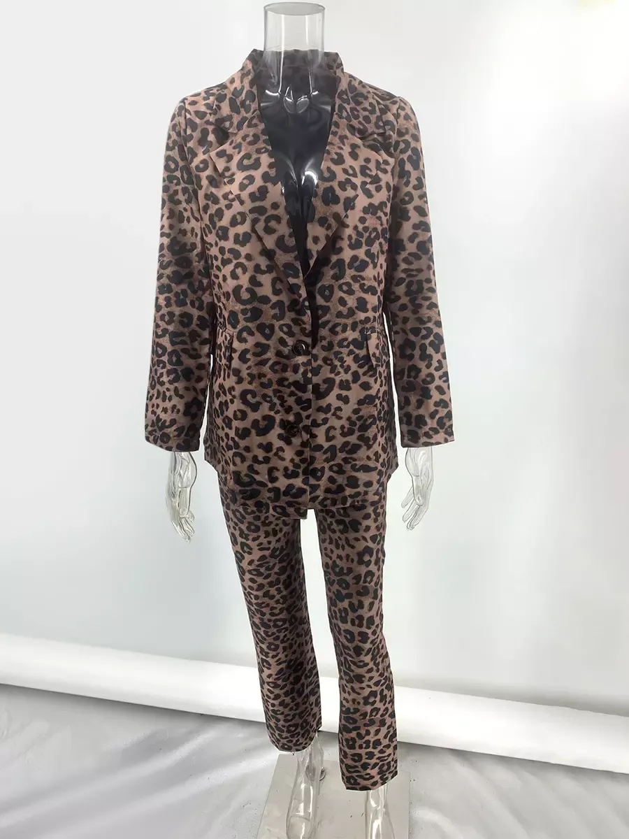 Leopard Women's Suits Notched Lapel Blazer Slim Fit Pants Two Piece Set 2025