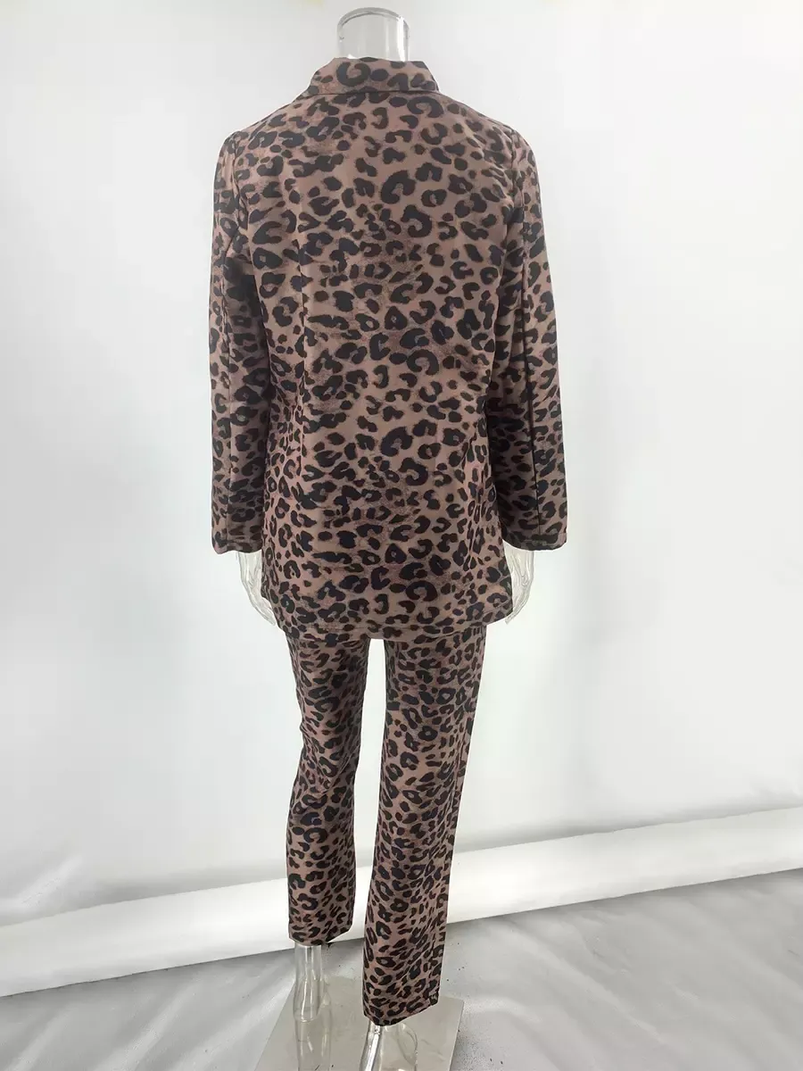 Leopard Women's Suits Notched Lapel Blazer Slim Fit Pants Two Piece Set 2025