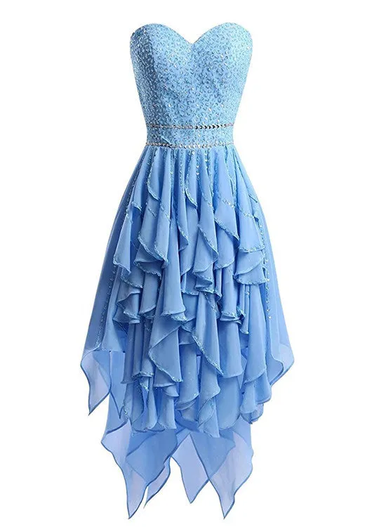 Light Blue Chiffon Layered High Low Sweetheart Homecoming Dress 2018 Party Dress