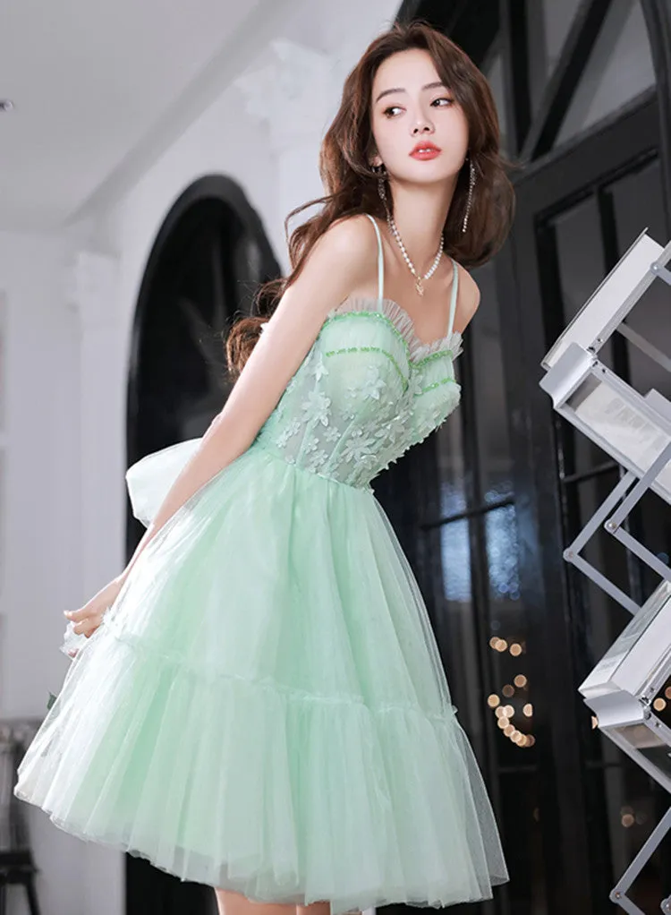 Light Green Sweetheart Tulle Beaded Straps Homecoming Dress, Green Party Dress