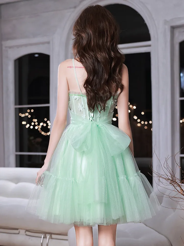 Light Green Sweetheart Tulle Beaded Straps Homecoming Dress, Green Party Dress