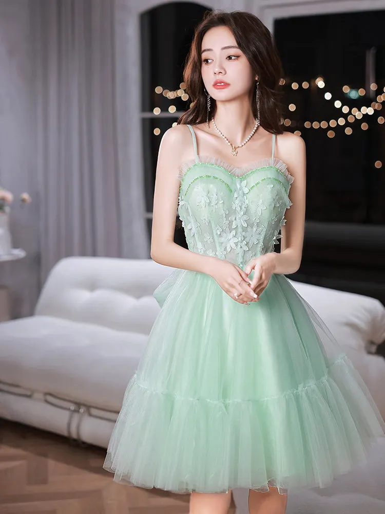 Light Green Sweetheart Tulle Beaded Straps Homecoming Dress, Green Party Dress