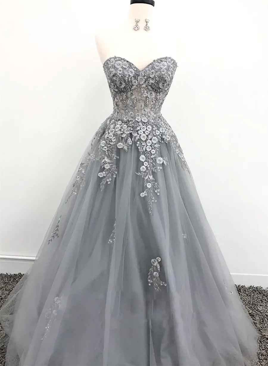 Light Grey Sweetheart Formal Dress with Lace, A-line Prom Dress Tulle